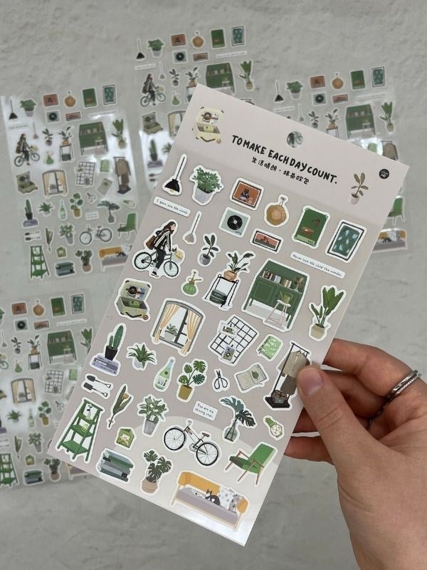 Kawaii Günlük Rutinler 41 Adet Tek Yaprak Yeşil Paket Sticker / Bullet Journal / Ajanda 