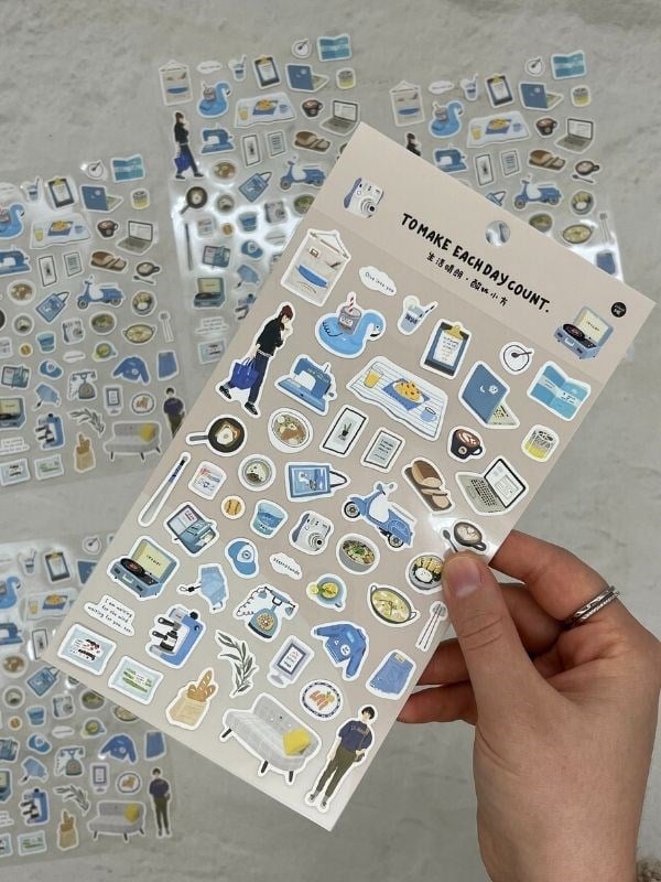 Kawaii Günlük Rutinler 51 Adet Tek Yaprak Mavi Paket Sticker / Bullet Journal / Ajanda 