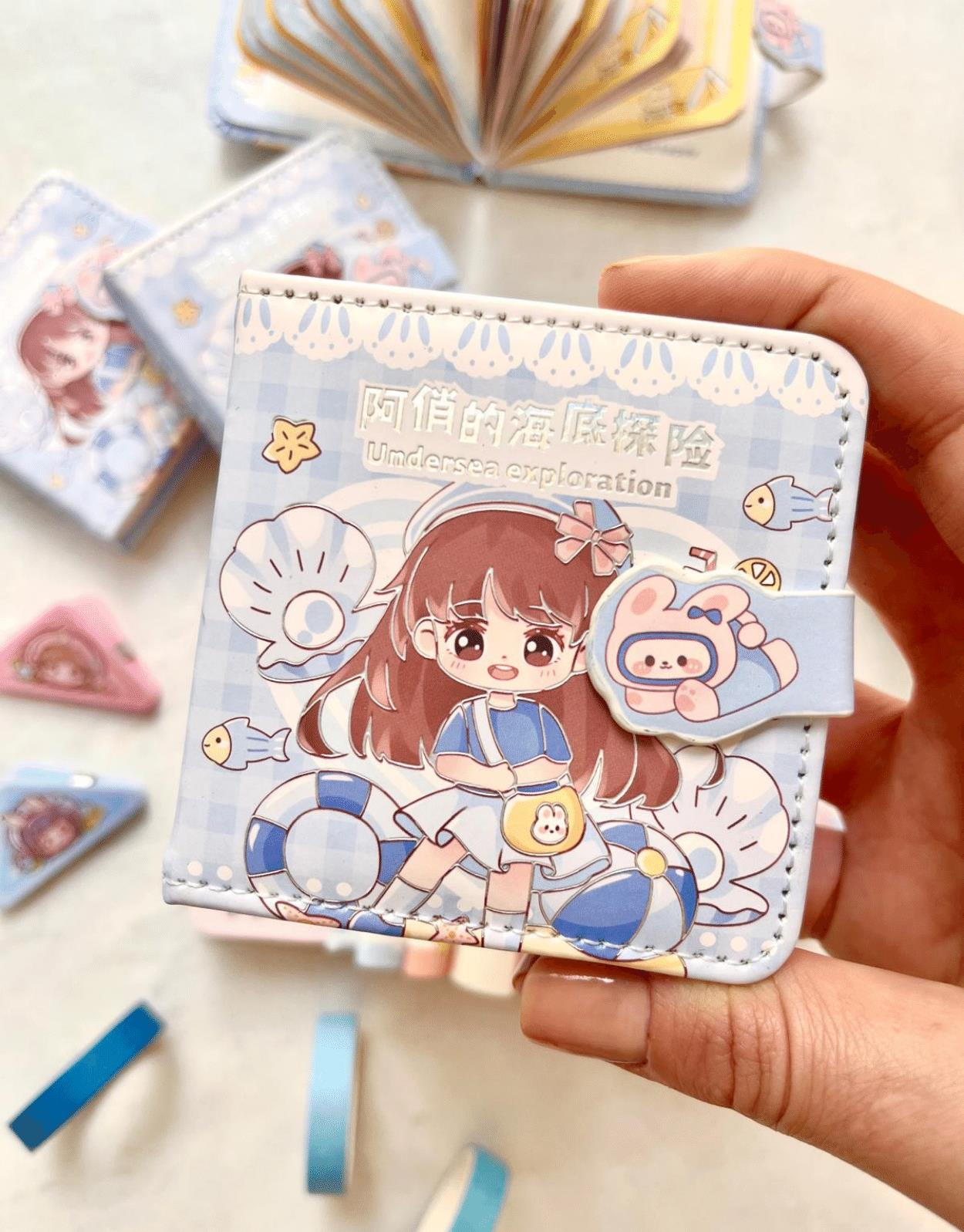 Kawaii Sevimli Kız Denizaltı Keşfi Mavi Renkli Desenli 256 Sayfa Mini Defter / Mıknatıslı Ajanda