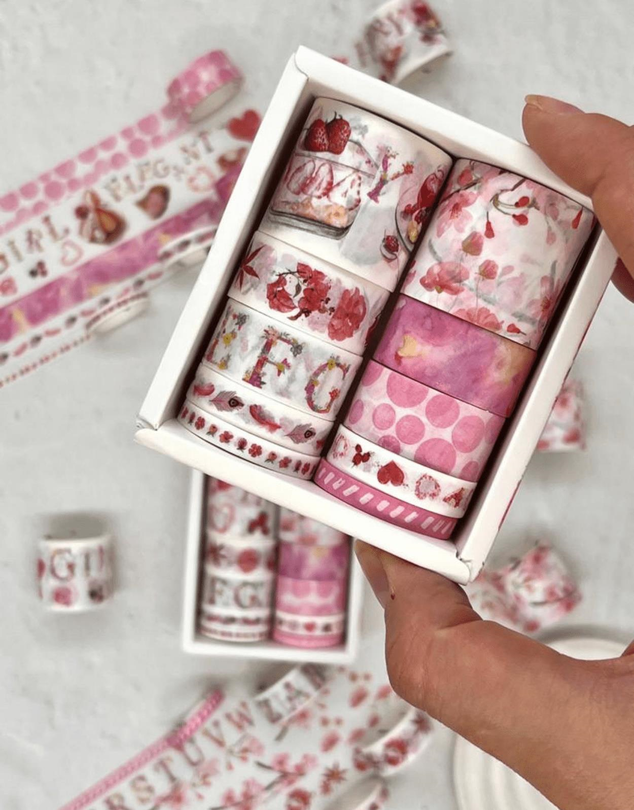 Masking Tape Çilek Temalı 10'lu Pembe Kutu Washi Bant Set / Washi Tape / Bullet Journal / Scrapbook