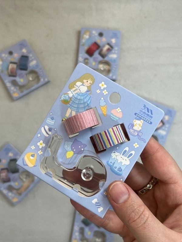 Mavi Renk 2+1 Washi Bant ve Kesim Aparatlı Mini Set/ Washi Tape / Bullet Journal