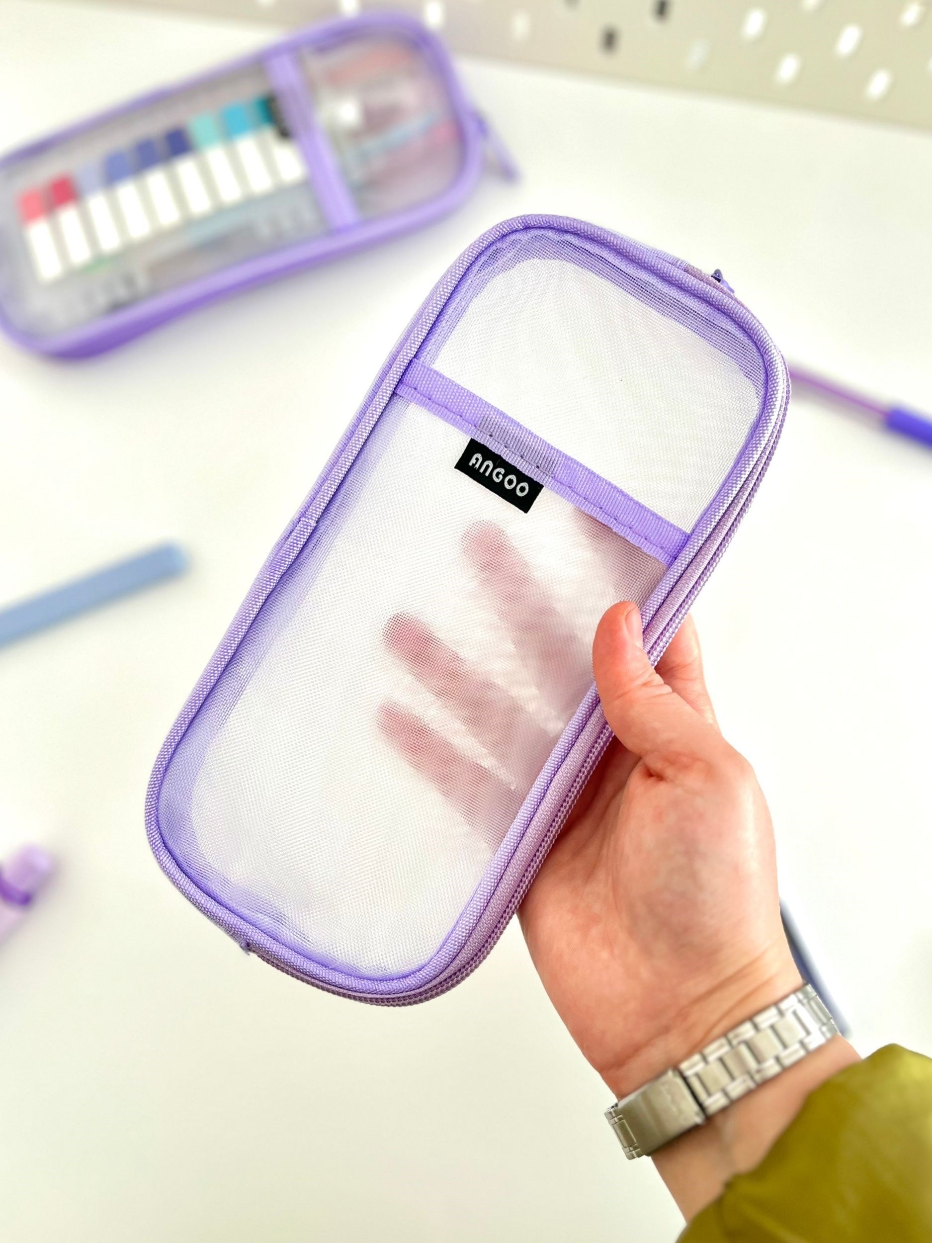 Mesh Organizer Çift Bölmeli Mor Renk File Kalem Kutu ve Kırtasiye Çantası