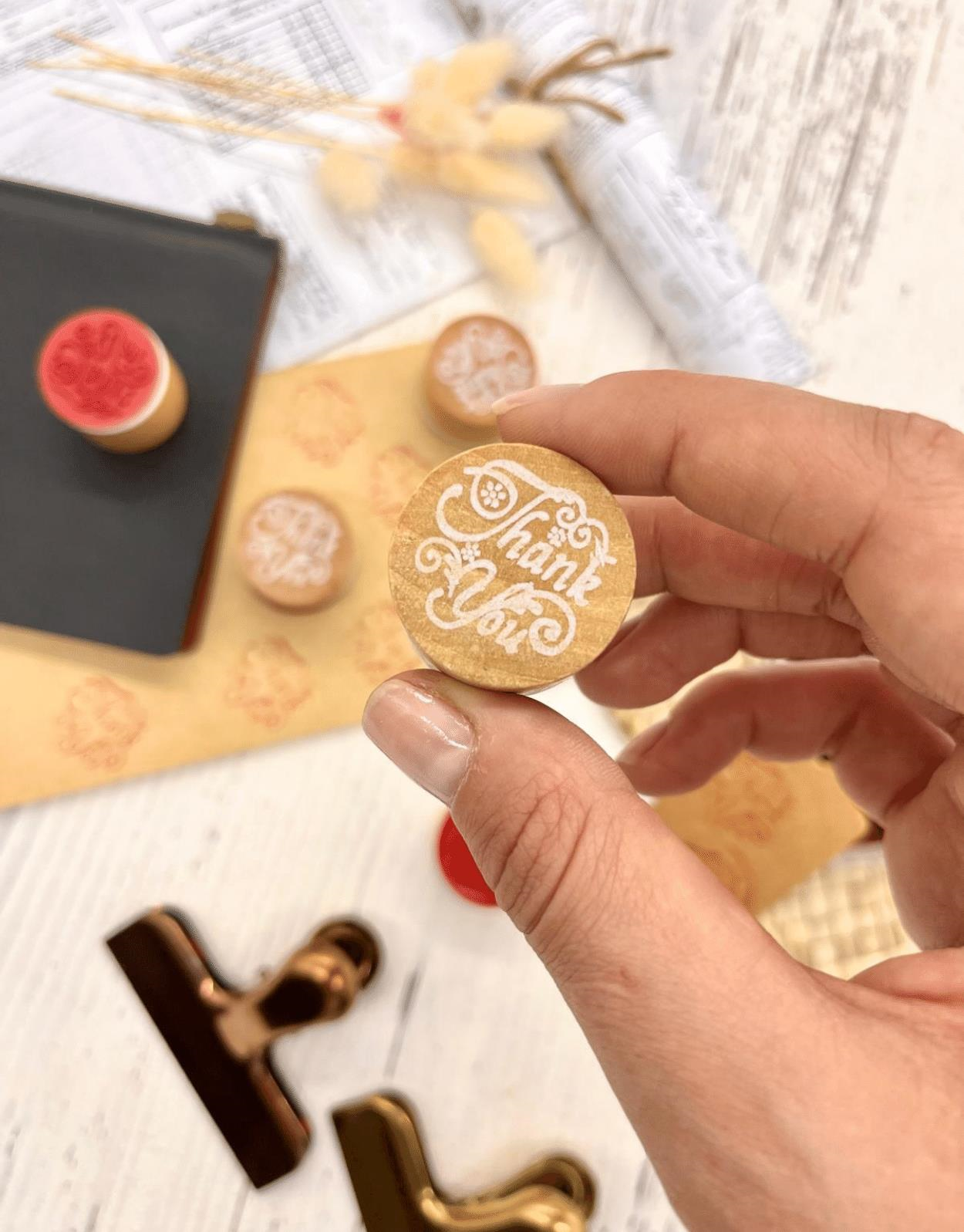 Mini Ahşap Dairesel Vintage Thank You Desenli Mühür / Damga / Kaşe / Kitap Mührü  Stamp / Seal