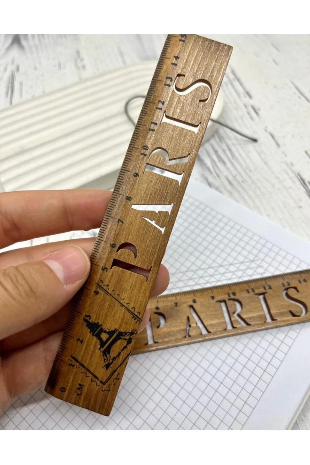 Paris Desenli Vintage Mini Ahşap Cetvel / Yer İmi