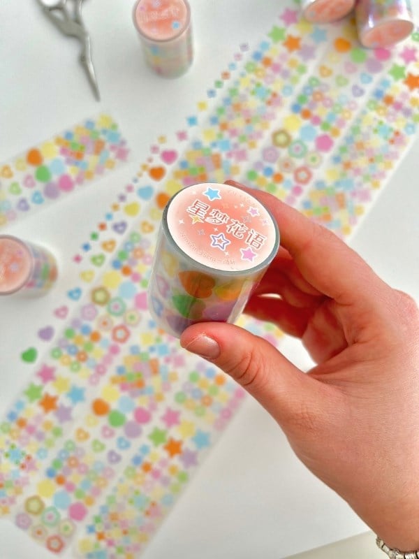 Pastel Renkli Yıldız Kalp Çiçek 2m 1032 Adet Tek Tek Çıkartmalı Sticker Washi Bant/Etiket/Çıkartma