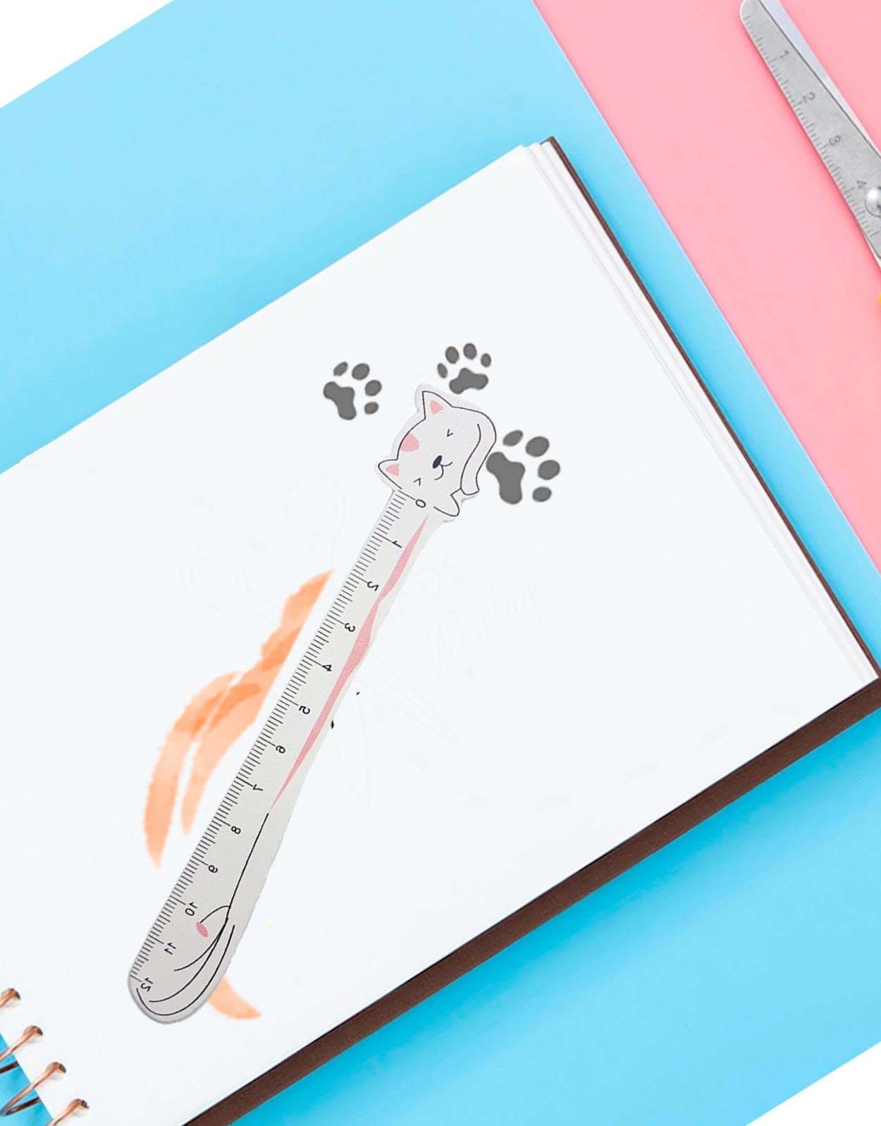 Pembe Kulaklı Sevimli Ahşap Kedi Cetvel / Kitap Ayracı