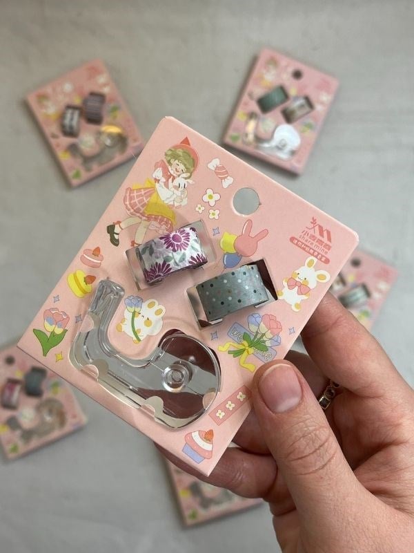 Pembe Renk 2+1 Washi Bant ve Kesim Aparatlı Mini Set/ Washi Tape / Bullet Journal