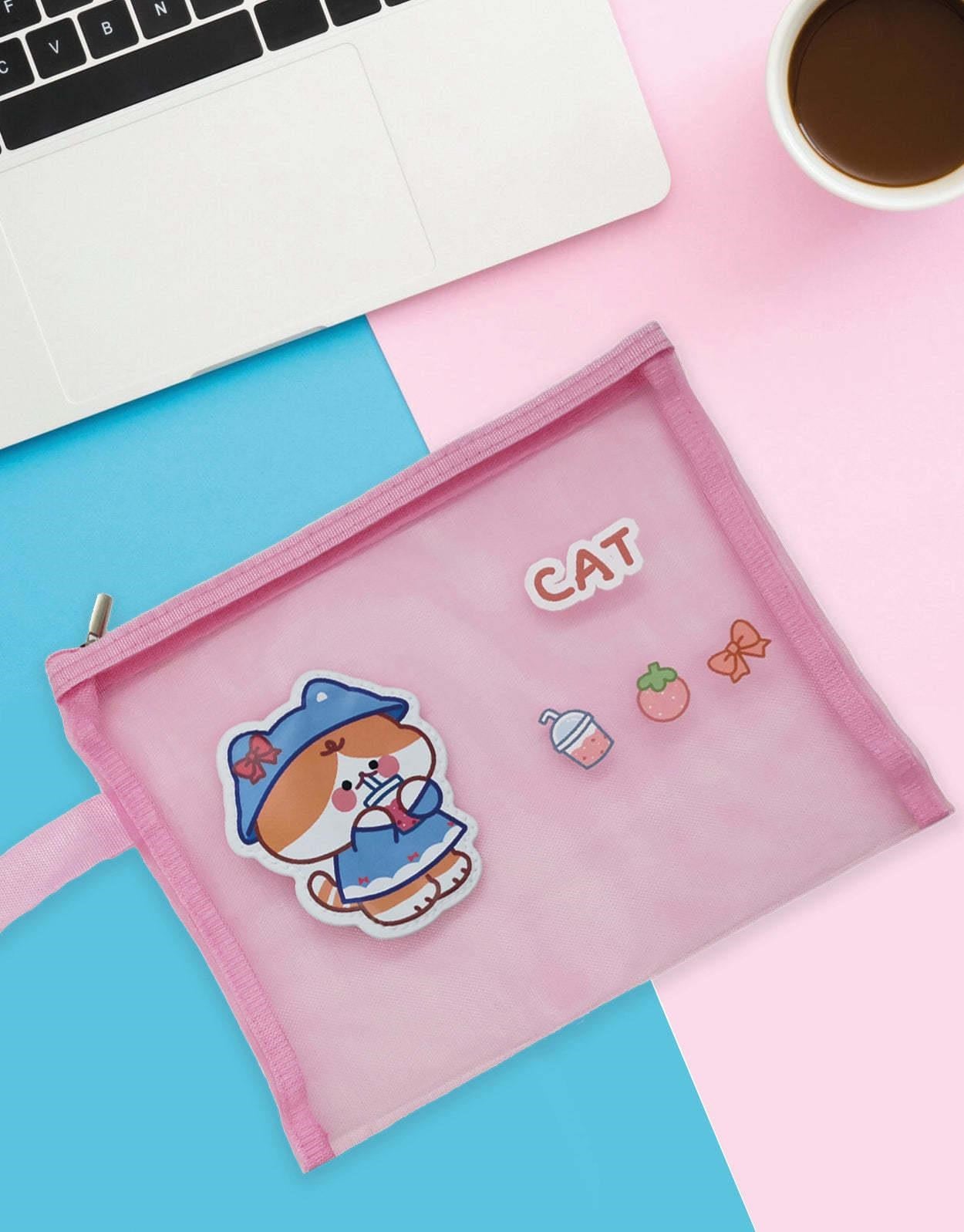Pembe Şirin Kedi Şeffaf Çanta / Kalem Kutu