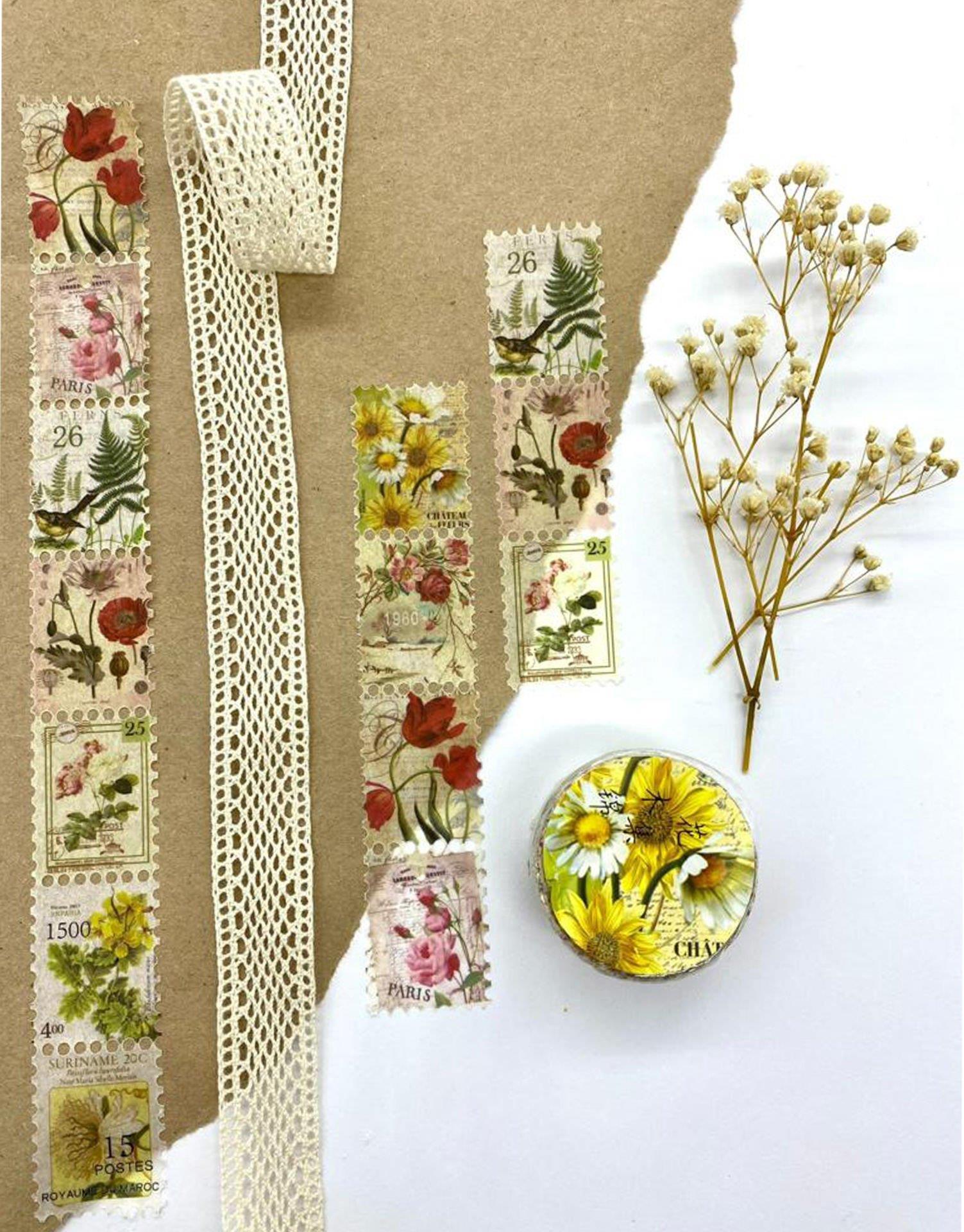Pul Çiçekli Tek Tek Çıkartmalı - Washi Bant - Sticker  - Bullet Journal - Defter Süsleme