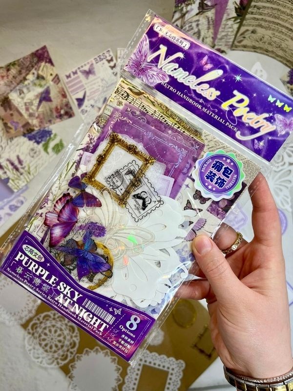 Purple Sky At Night 59 Parça Dopdolu Özel Tasarım Hediyelik Mor Sticker Scrapbook Kâğıt Kelebek Seti/Bullet Journal 