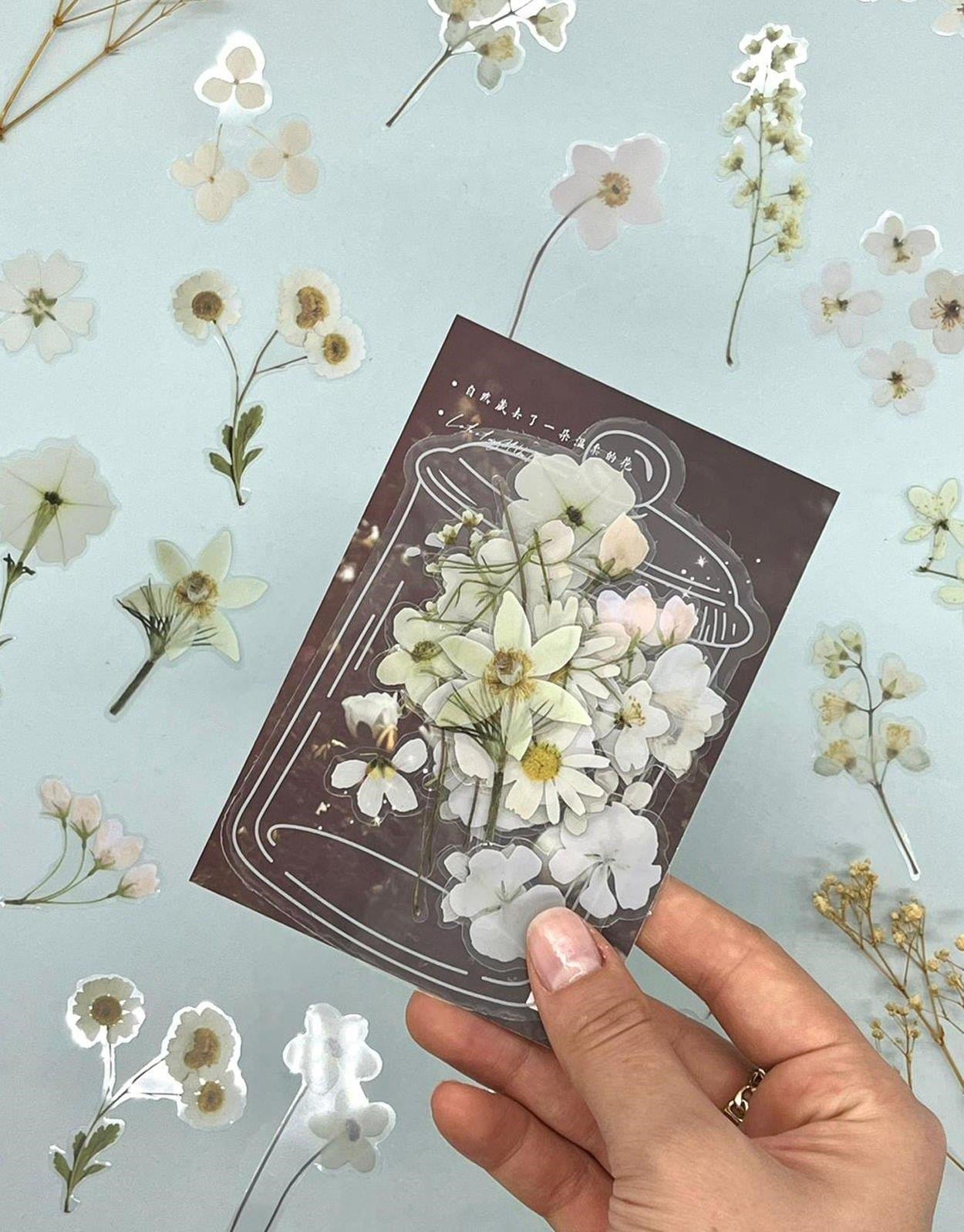 Retro Beyaz Renkli Çiçek Şeffaf  Sticker - Scrapbook - Bullet Journal -  Defter Süsleme-Çıkartma