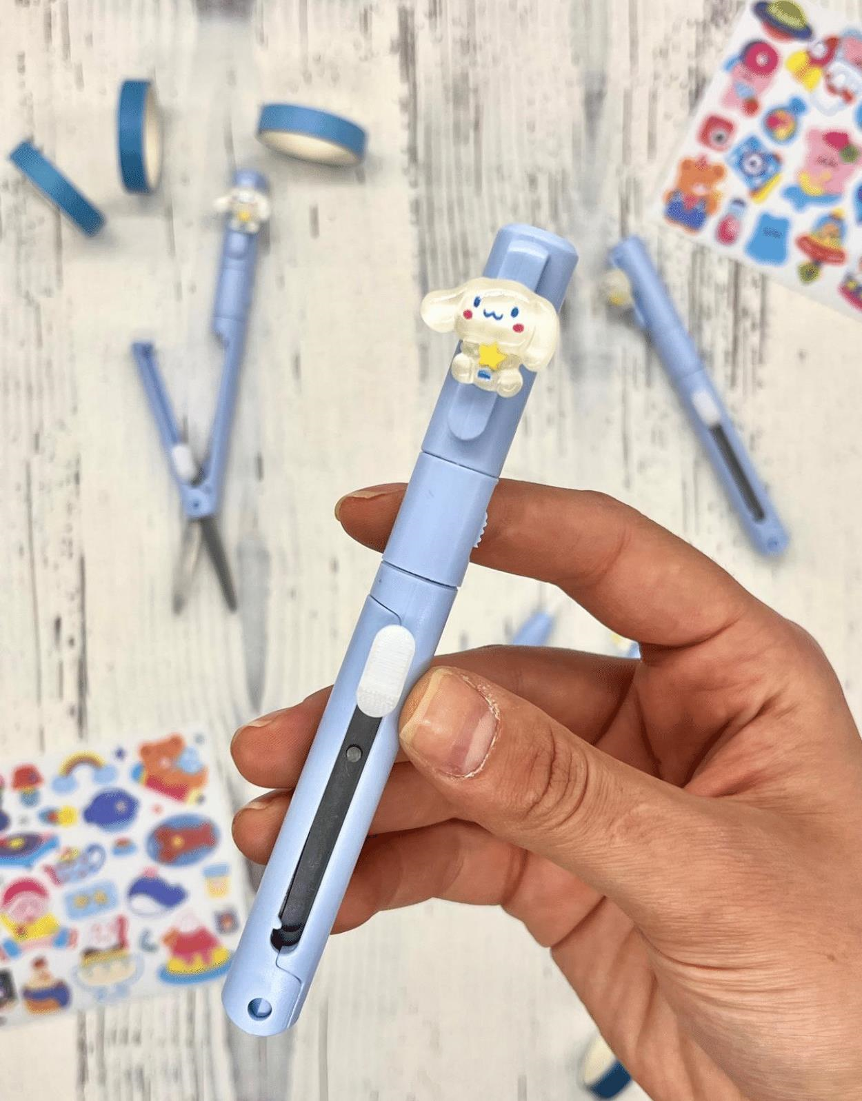 Sanrio Cinnamoroll Karakterli Kalem Görünümlü Çift Uç Tasarım Makas ve Maket Bıçağı