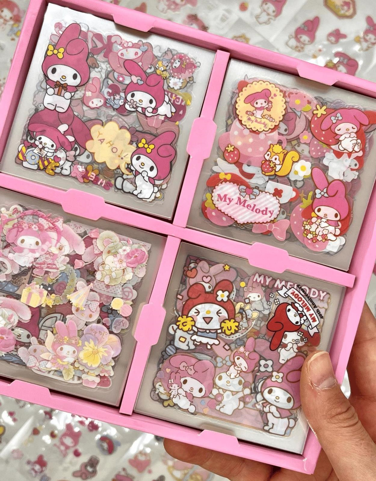 Sanrio My Melody Karakterli  4 Bölümlü 100 Yaprak 500 Adet Pembe Kutu Şeffaf Pet Sticker Seti /Etiket/Çıkartma/ Bullet Journal