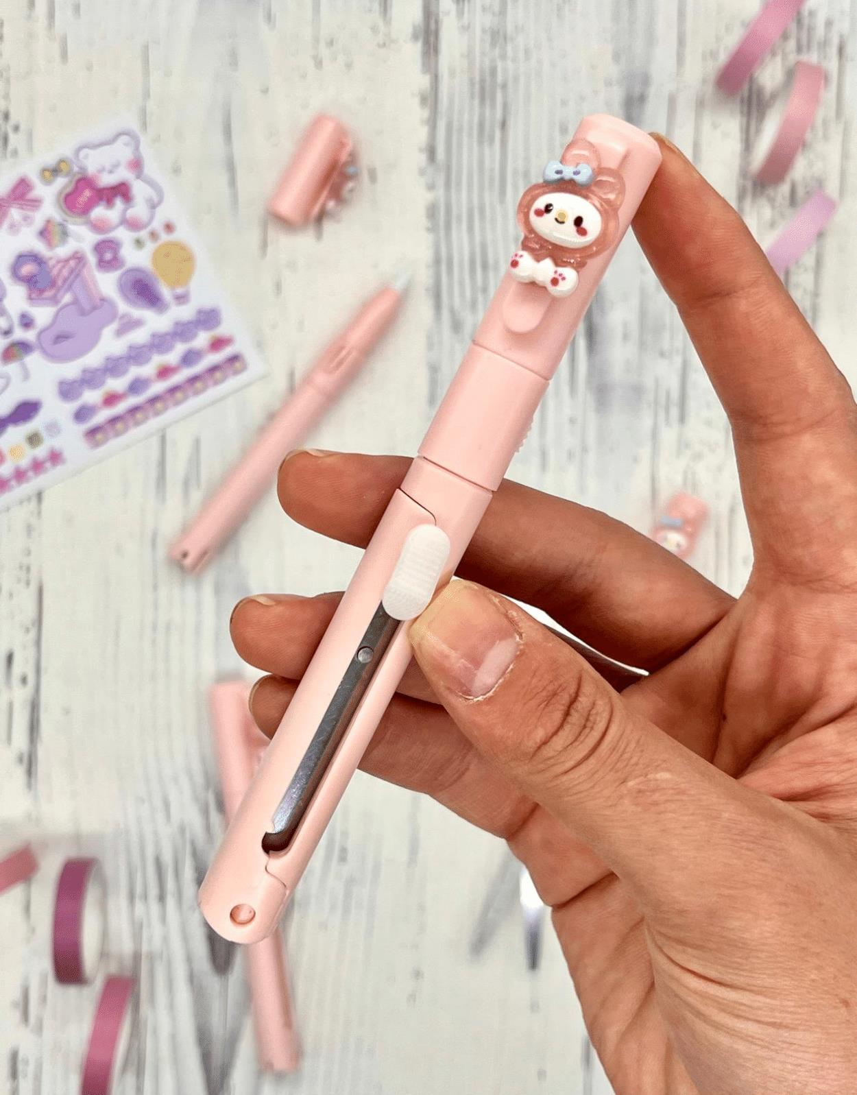 Sanrio My Melody Karakterli Pembe Kalem Görünümlü Çift Uç Tasarım Makas ve Maket Bıçağı