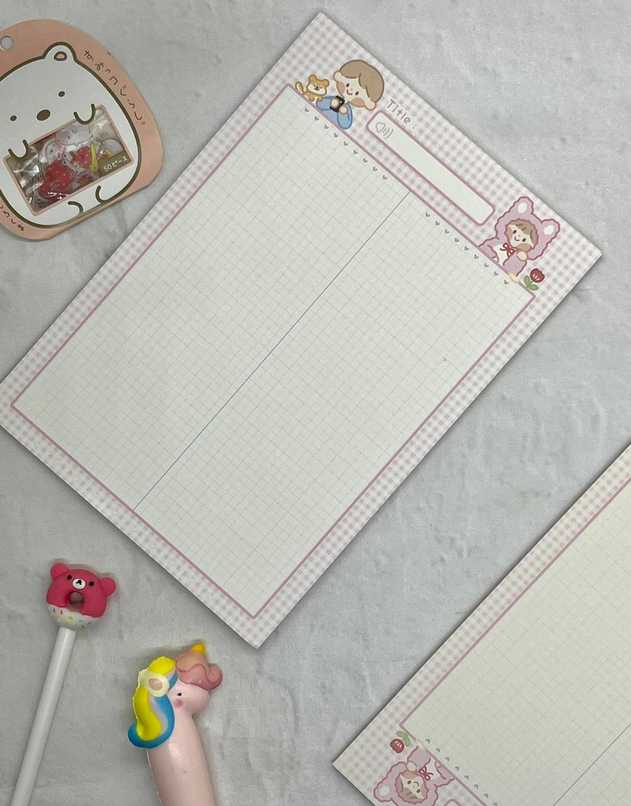 Sevimli Çocuklar Pembe Kareli B5 Not Defteri / Scrapbook / Planlayıcı / Notebook / Bullet Journal