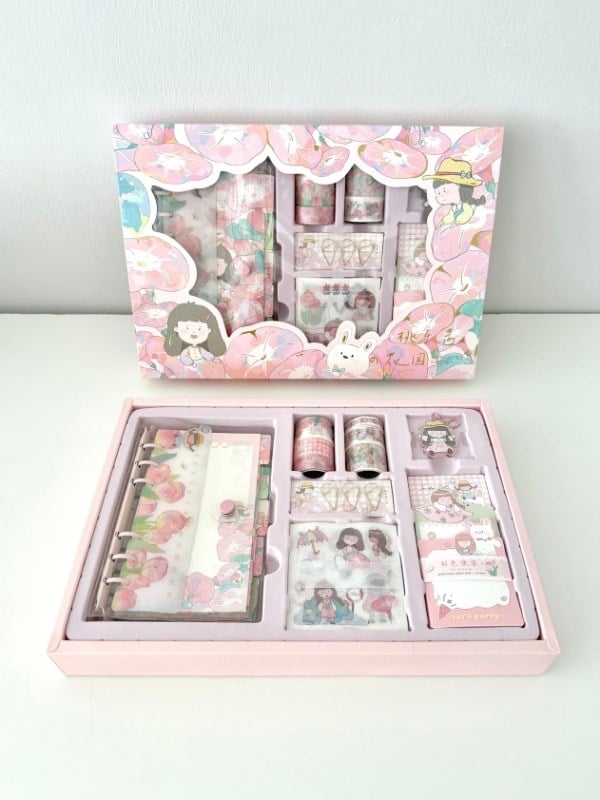 Sevimli Dorothy ve Bahçesi Pembe Dopdolu Binder Defter Hediye Seti /Kutu Set/Notebook/Bullet Journal