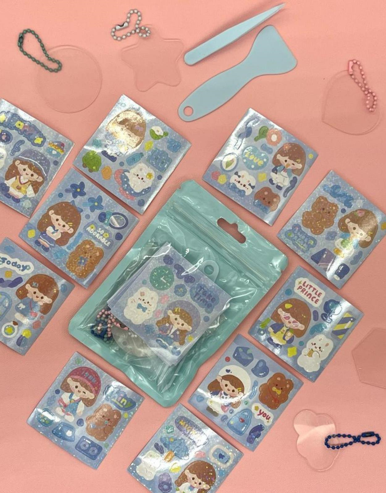 Sevimli Kız İle Kendi Anahtarlığını Tasarla 23 Parça Mavi Sticker Seti / Anahtarlık / Bullet Journal