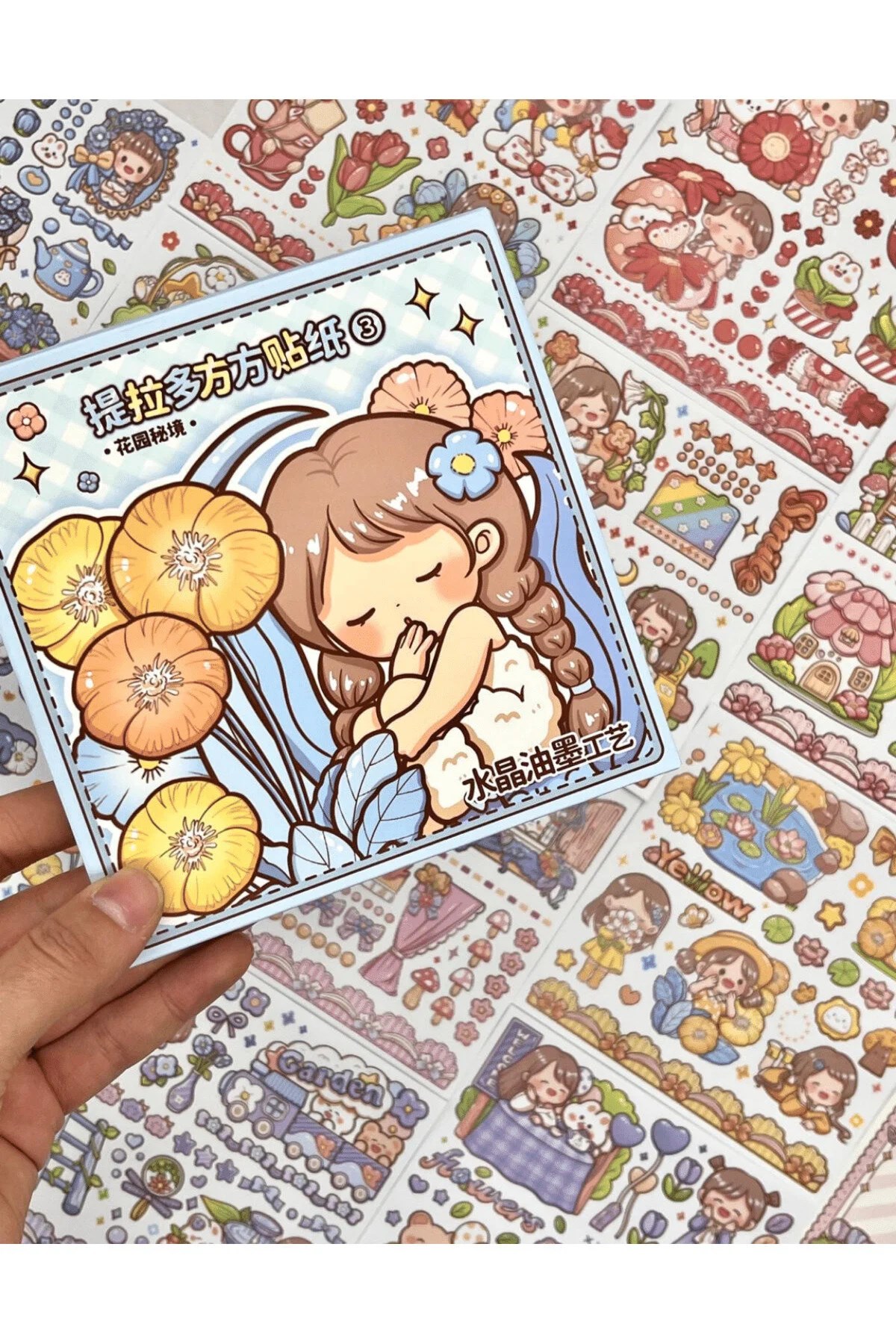 Sevimli Kız ve Tavşan Mavi Kutu 12 Yaprak Stıcker + 2 Yaprak Desenli Kağıt /Çıkartma/Bullet Journal