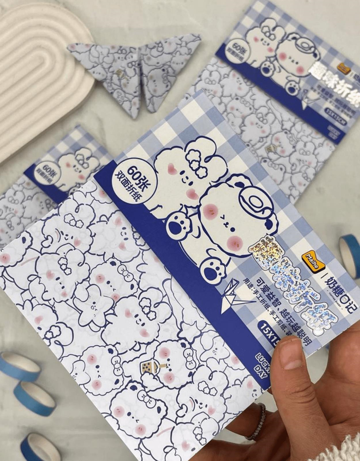 Sevimli Tavşan ve Ayı Desenli Origami Kağıdı Beyaz Renk / Kağıt Katlama Sanatı/ Bullet Journal