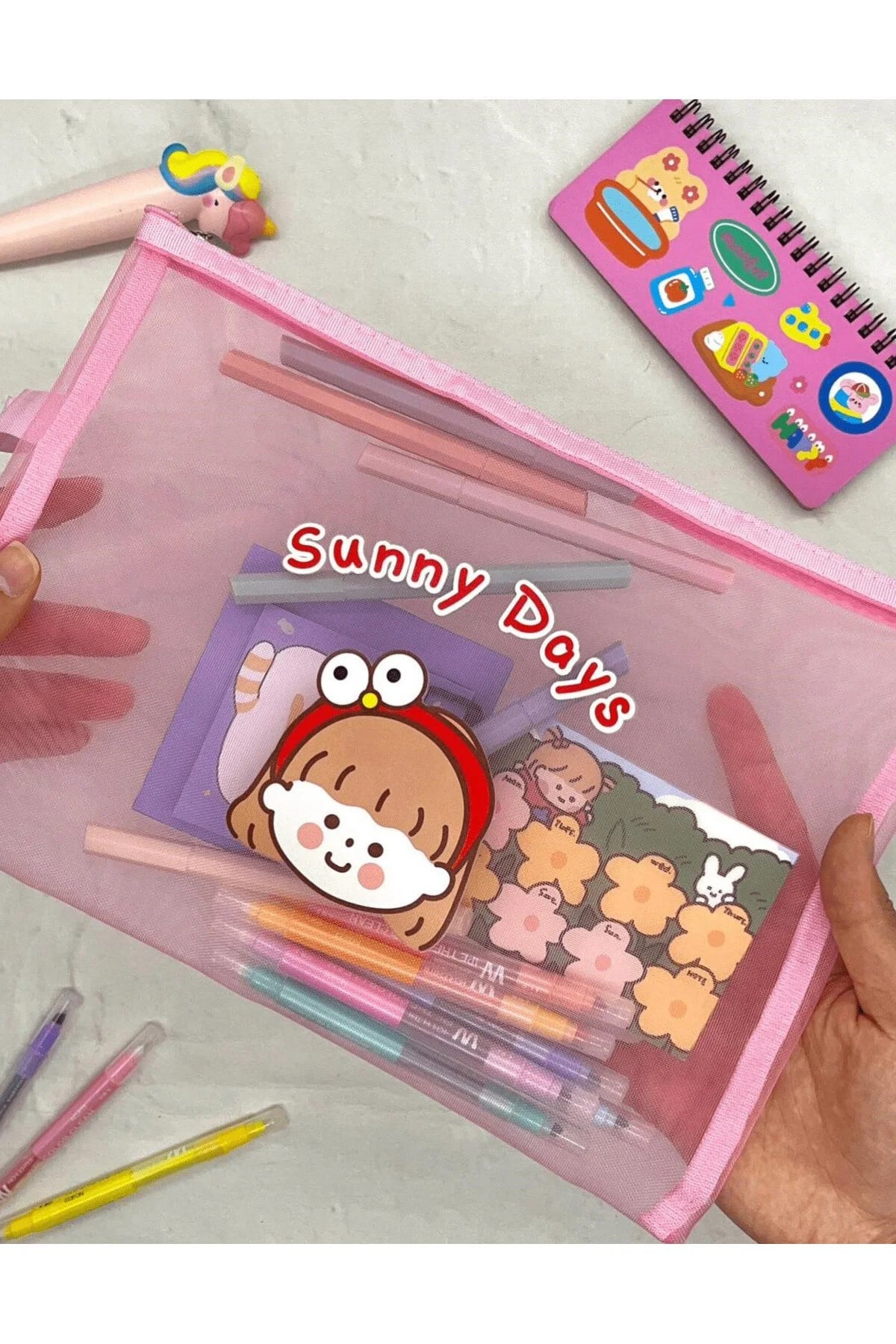 Sunny Days Pembe A4 Şeffaf File Çanta / Kalem Kutu / Toparlayıcı