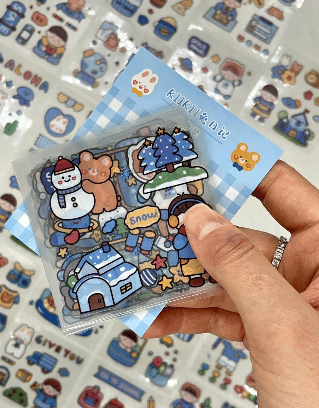 Tavşancık ve Kış Mevsimi Mavi Şeffaf Pet 20 Yaprak Sticker Set/Su Geçirmez/Bullet Journal