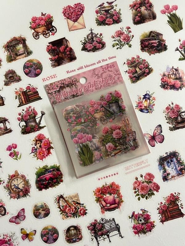 Vintage Blooming Garden Pembe Gül Temalı 25 Yaprak 141 Adet Sticker Seti/Etiket/Çıkartma