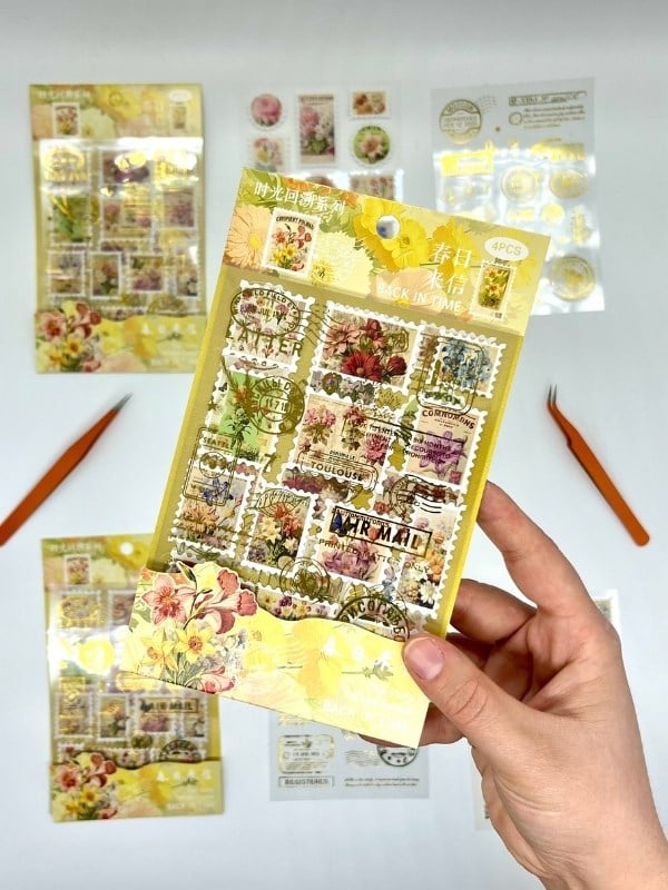 Vintage Botanik Çiçek Ve Altın Yaldızlı Mühür Temalı 4Yaprak 60 Adet Pul Sticker Set/Etiket/Çıkartma