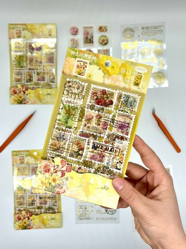 Vintage Botanik Çiçek Ve Altın Yaldızlı Mühür Temalı 4Yaprak 60 Adet Pul Sticker Set/Etiket/Çıkartma