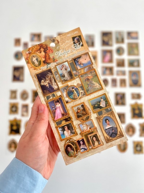 Vintage Girl Klasik Kadın Portre Tabloları Temalı 2 Yaprak 27 Adet Stereoskopik Sticker Seti/Etiket/Çıkartma
