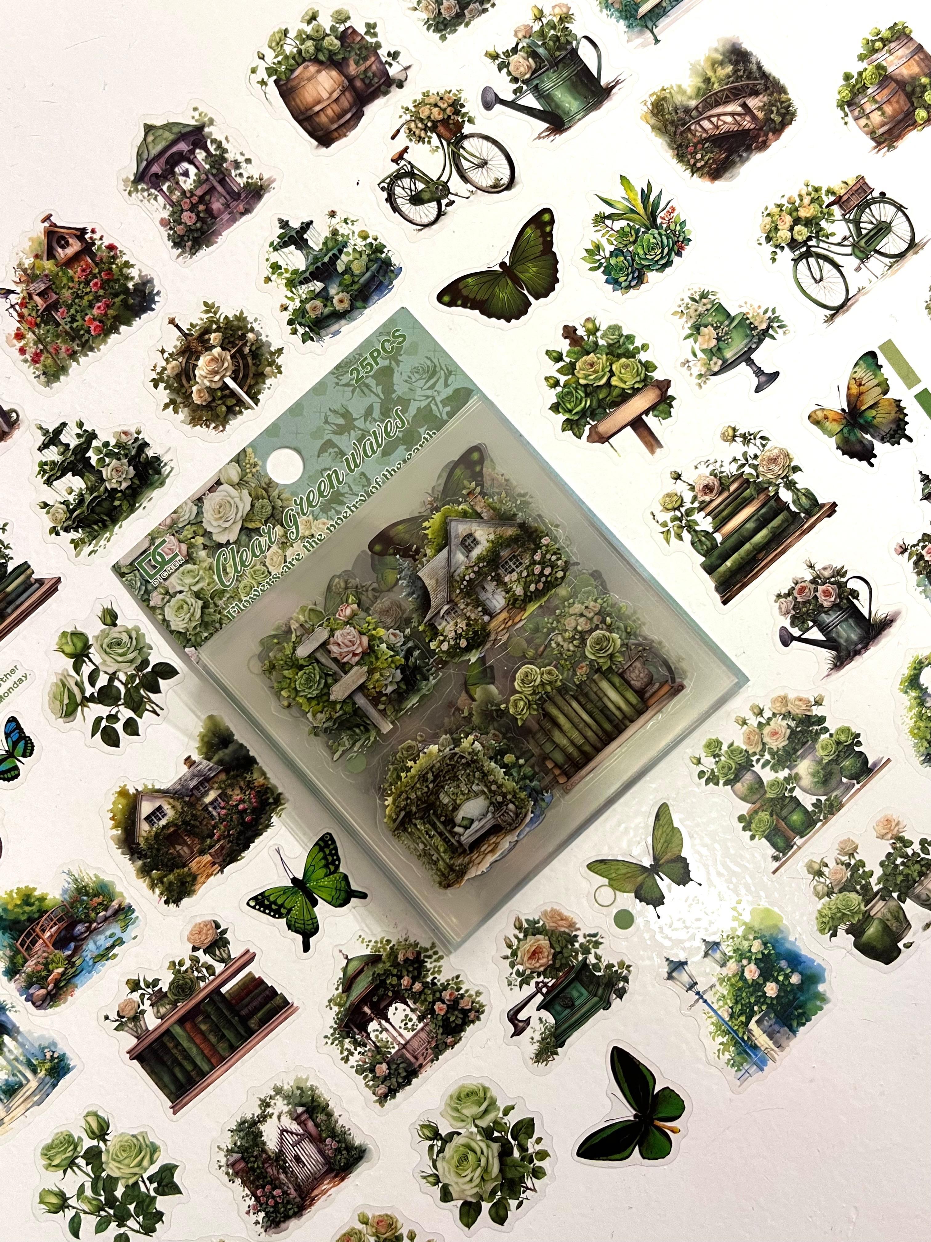 Vintage Green Cottage Garden Yeşil Çiçekler Temalı 25 Yaprak 135 Adet Sticker Seti/Etiket/Çıkartma