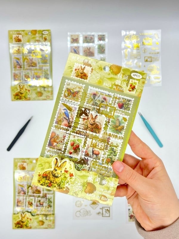 Vintage Hayvan & Meyve Ve Altın Yaldızlı Mühür Tema 4 Yaprak 75 Adet Pul Sticker Set/Etiket/Çıkartma