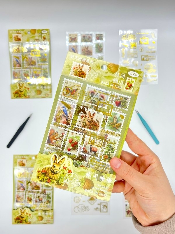 Vintage Hayvan & Meyve Ve Altın Yaldızlı Mühür Tema 4 Yaprak 75 Adet Pul Sticker Set/Etiket/Çıkartma