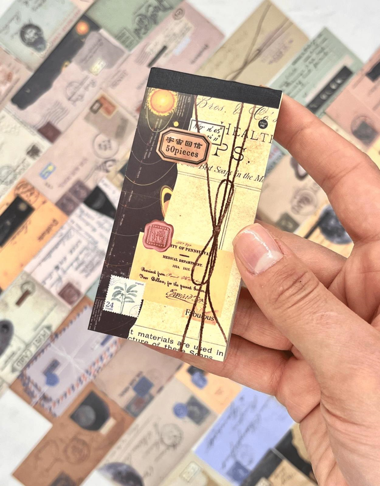 Vintage Mektup ve Zarf Desenli 50 Yaprak Siyah Defter Sticker / Bullet Journal / Scrapbook
