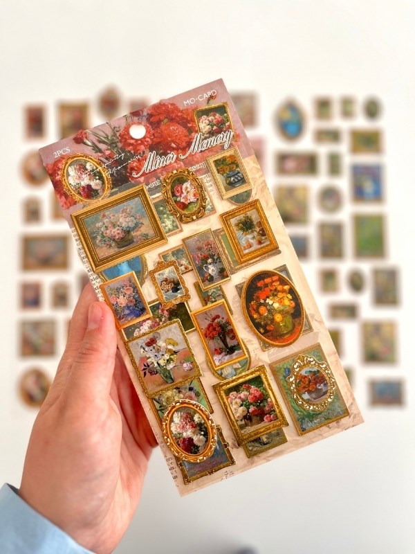 Vintage Mirror Memory Çiçek Tabloları Temalı 2 Yaprak 27 Adet Stereoskopik Sticker Seti/Etiket/Çıkartma