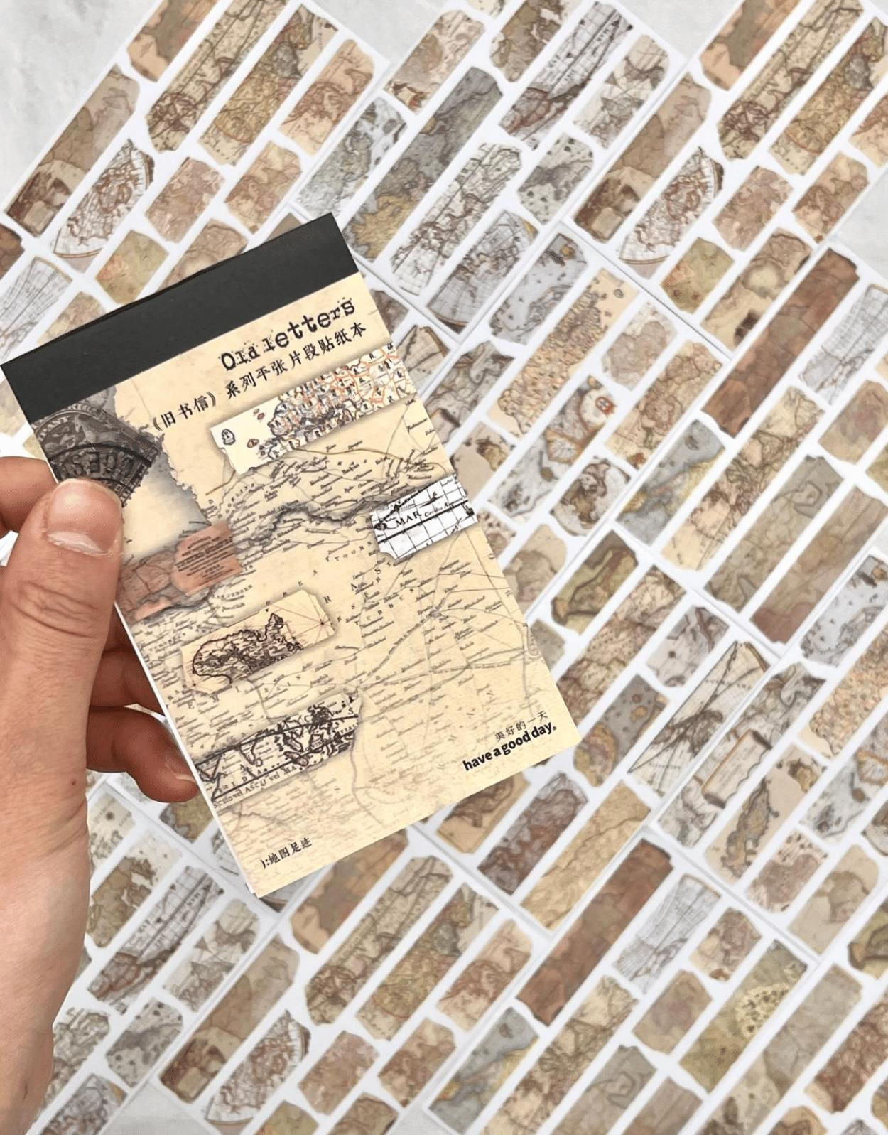 Vintage Old Letters Harita Desenli 20 Yaprak 200 Adet Defter Sticker / Bullet Journal/Etiket/Çıkartma