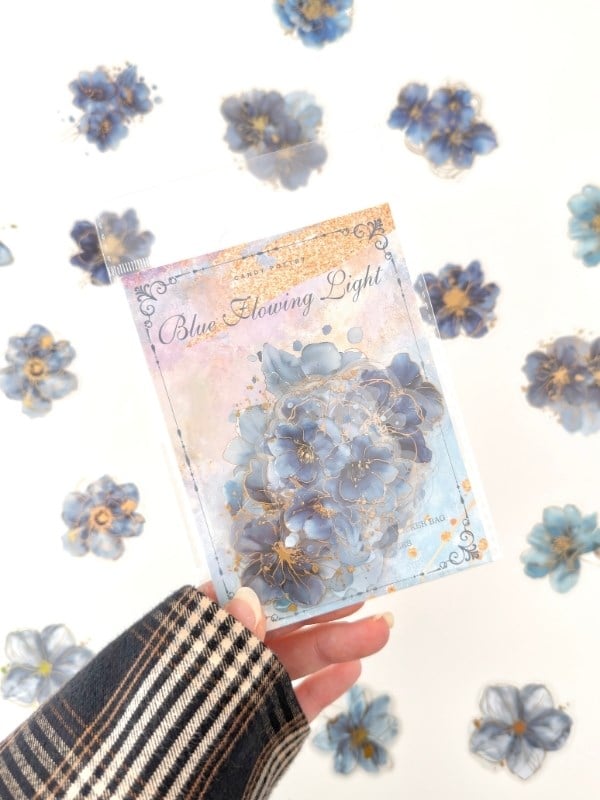 Vintage Romantic Floral Altın Yaldızlı Mavi Çiçekler 20 Adet Sticker Seti/Etiket/Çıkartma