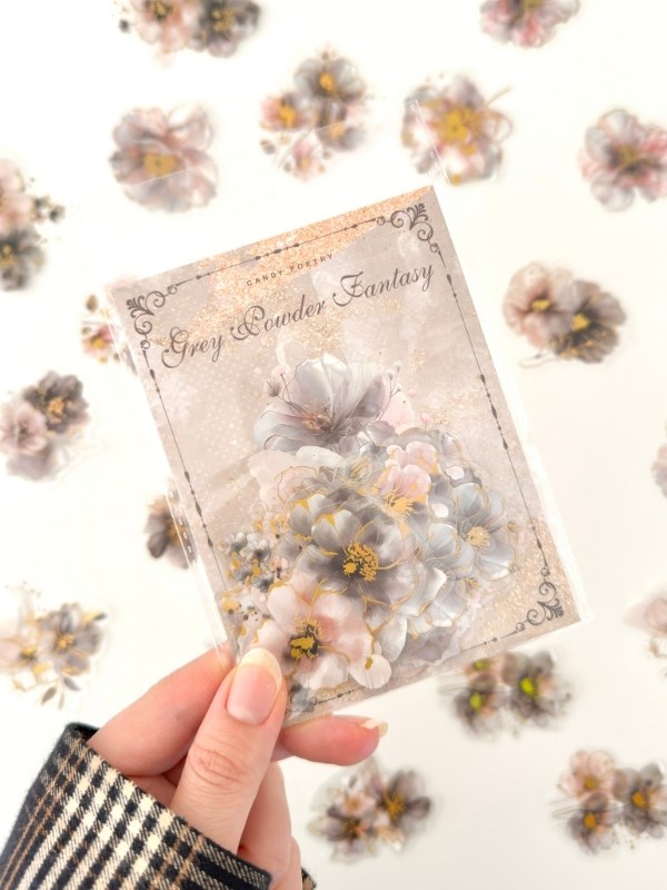 Vintage Romantic Floral Altın Yaldızlı Gri Çiçekler 20 Adet Sticker Seti/Etiket/Çıkartma
