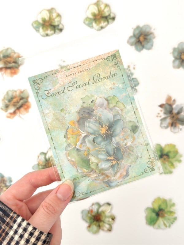Vintage Romantic Floral Altın Yaldızlı Yeşil Çiçekler 20 Adet Sticker Seti/Etiket/Çıkartma