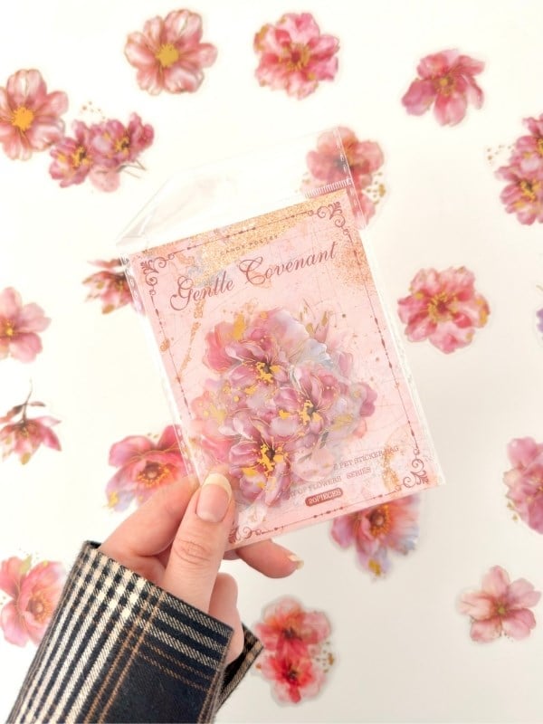 Vintage Romantic Floral Altın Yaldızlı Pembe Çiçekler 20 Adet Sticker Seti/Etiket/Çıkartma