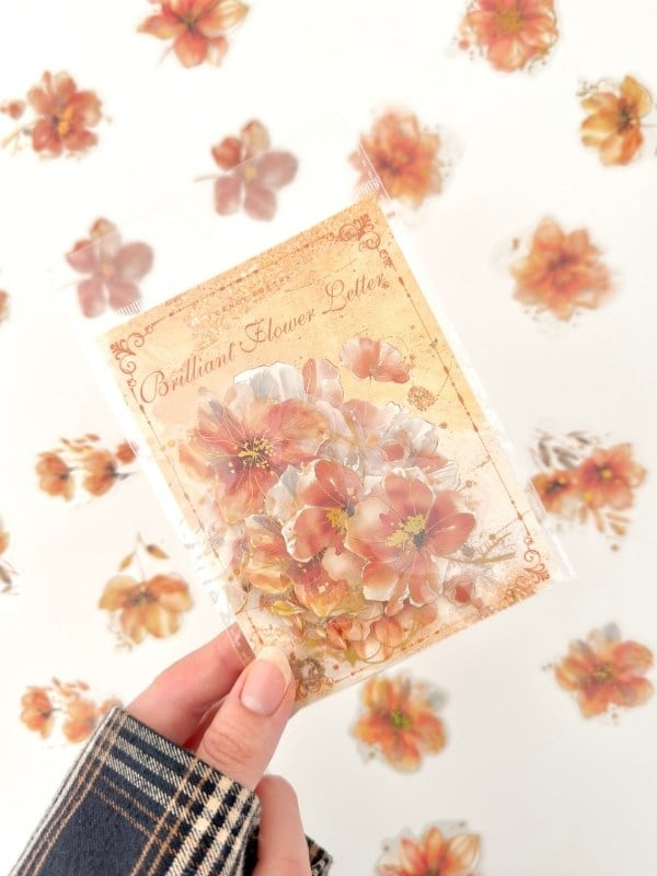 Vintage Romantic Floral Altın Yaldızlı Turuncu Çiçekler 20 Adet Sticker Seti/Etiket/Çıkartma