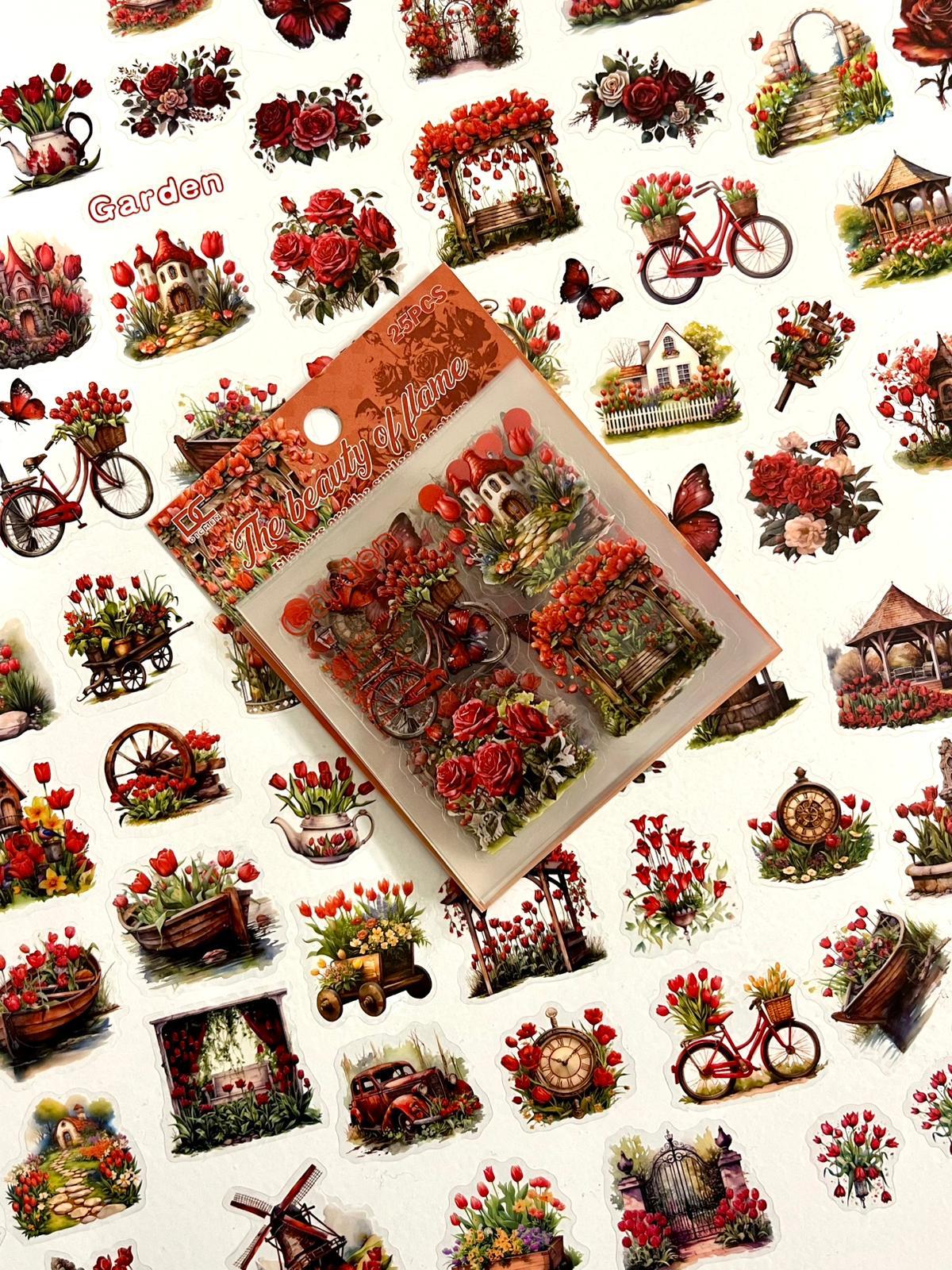 Vintage Ruby Garden Kırmızı Çiçek ve Lale Temalı 25 Yaprak 136 Adet Sticker Seti/Etiket/ Çıkartma