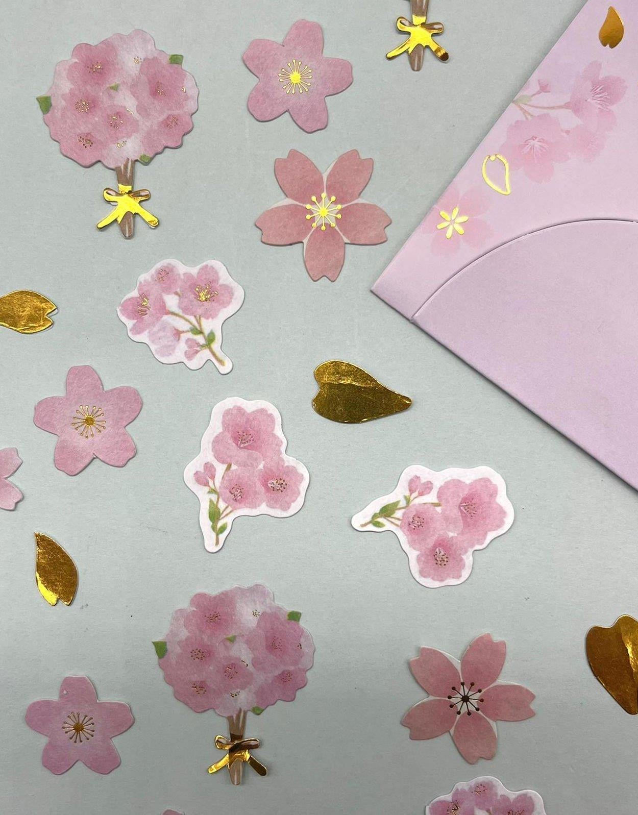 Yaldızlı Sakura Çiçekleri Temalı Pembe Kapak Sticker - Bullet Journal -  Defter Süsleme-Çıkartma