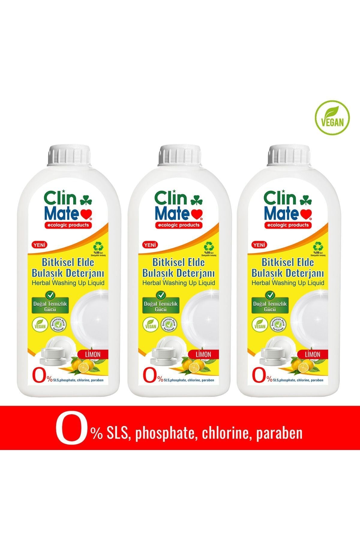 Clinmate Ekolojik Bitkisel Elde Bulaşık Deterjanı Limon 750 ml (3 adet)