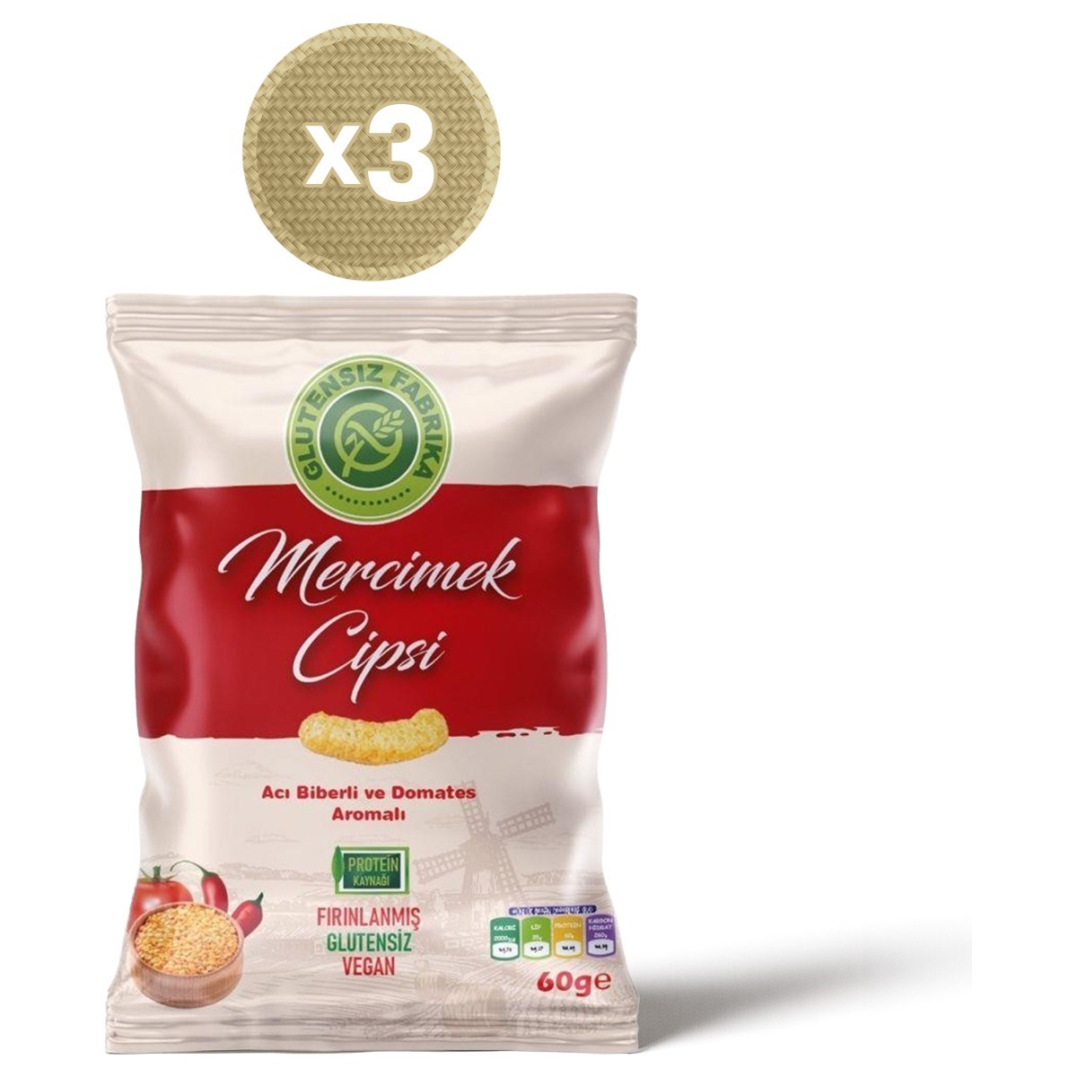 Glütensiz Fabrika Acı Biberli ve Domates Aromalı Mercimek Cipsi 60 g (3 adet)
