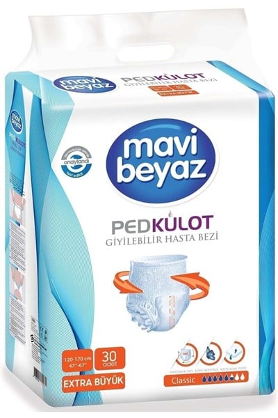 Mavi Beyaz Ped Emici Külot Hasta Bezi XL Beden (30 adet)  