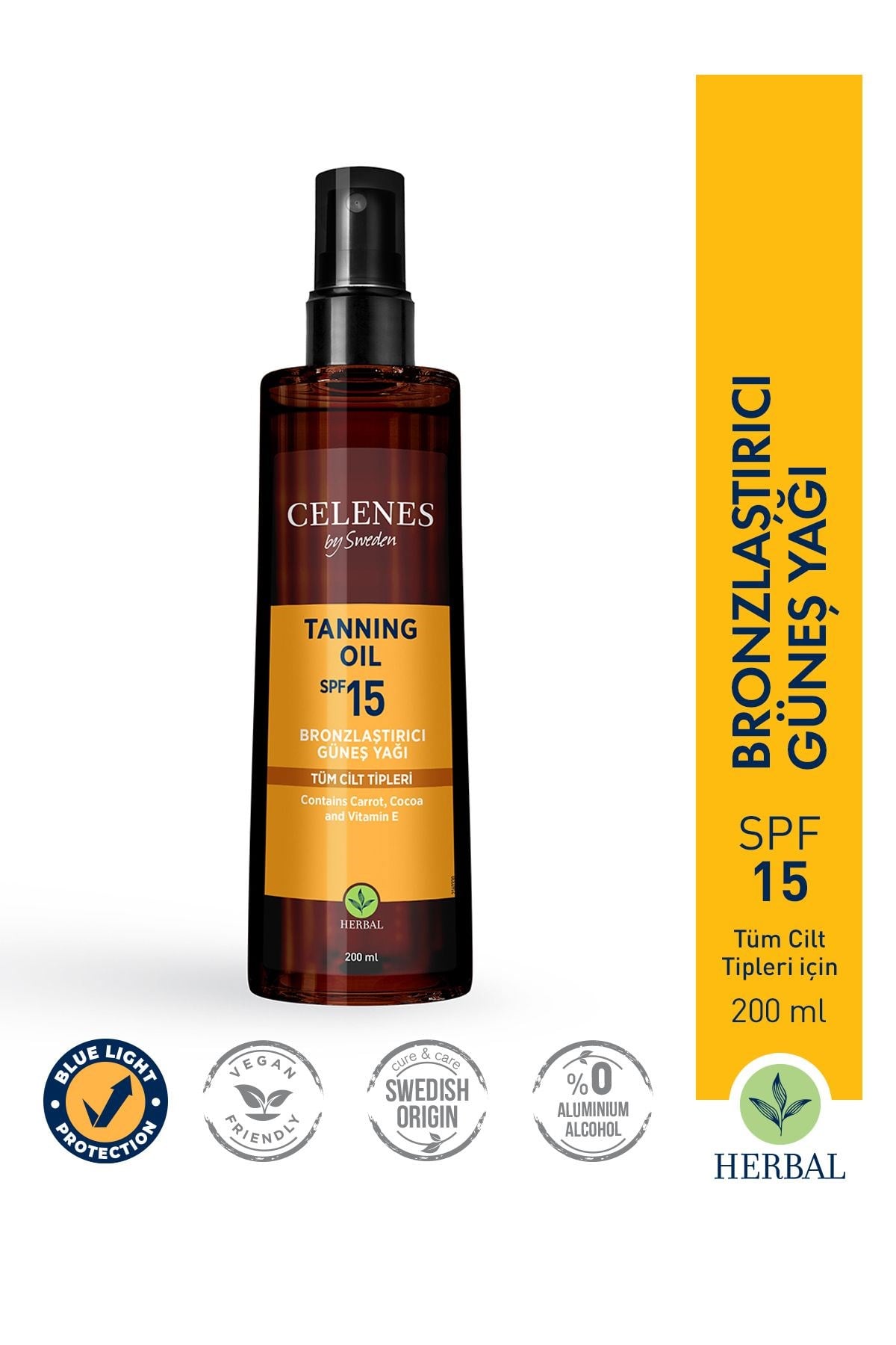 Celenes By Sweden Herbal Bronzlaştırıcı Yağ 15 Faktör 200 ml  