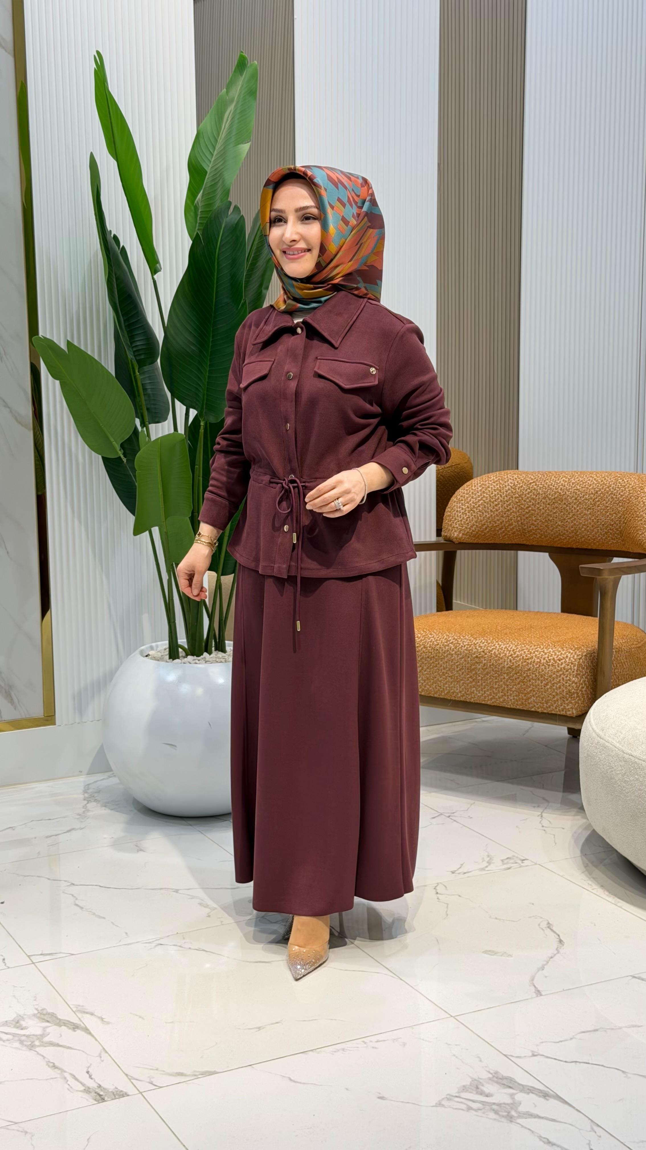 ARMİNE TREND ÇITÇITLI BEL BÜZGÜLÜ ETEKLİ TAKIM MÜRDÜM - 25KT659