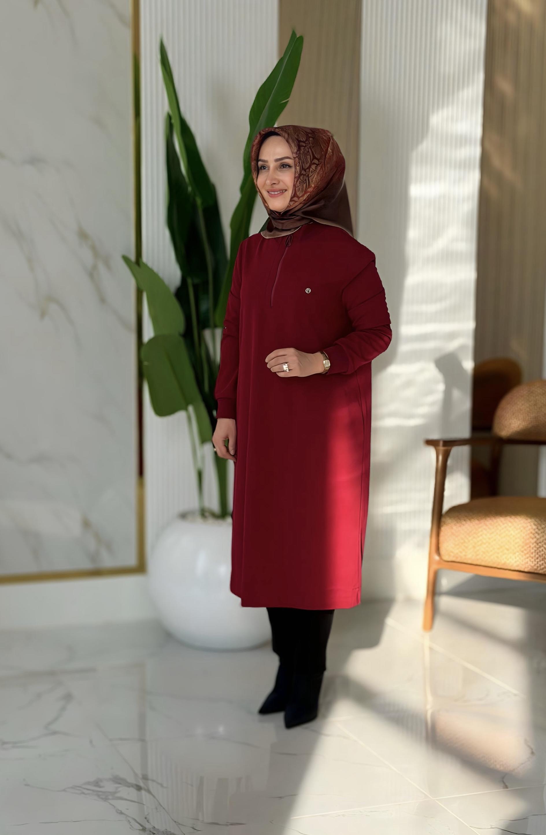 ARMİNE TREND KOLLARI RİBANALI YARIM FERMUARLI TUNİK BORDO- 25KT456