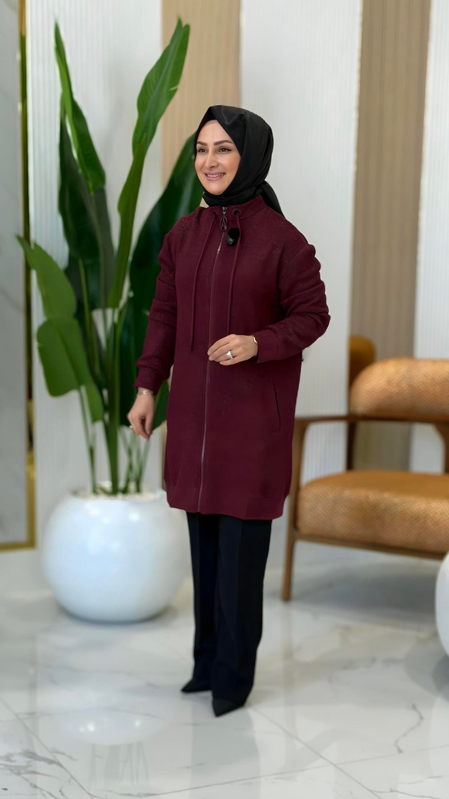 ARMİNE TREND KUŞGÖZÜ DETAYLI FİTİLLİ SİMLİ CEKET VİŞNE - 25KT555