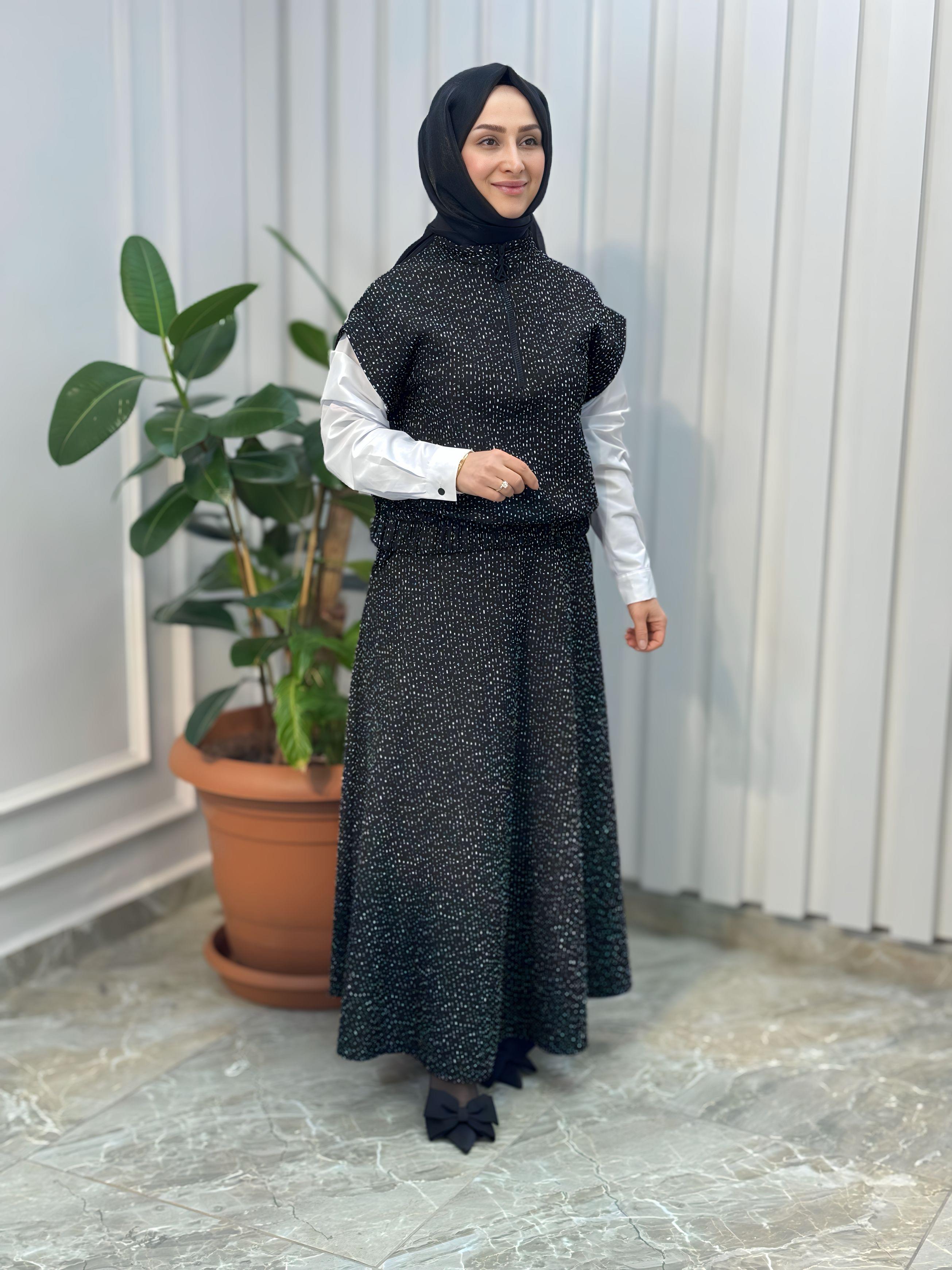 ARMİNE TREND Nope Kumaş Etekli İkili Takım Siyah 24KT638